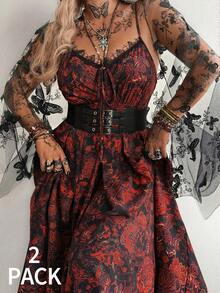 Whyspr Plus Size 3D Lace Bow Mesh Embroidered + Spaghetti Strap Floral Print Midi Dress, Elegant Retro Punk Goth Style Two Pieces Set - Multicolor - View 1