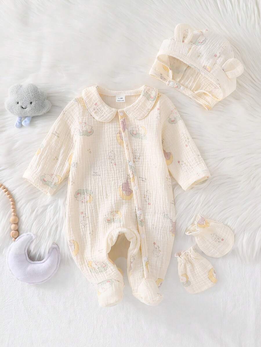 Bộ áo liền quần dài tay, mũ và găng tay họa tiết gấu bằng vải muslin cotton màu mơ cho trẻ sơ sinh, thích hợp mặc ở nhà. - Màu be - Xem 1
