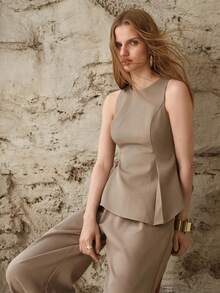 MOTF PREMIUM WOMEN'S SOLID COLOR SLEEVELESS FITTED BLOUSE, SUMMER - Khaki - View 6