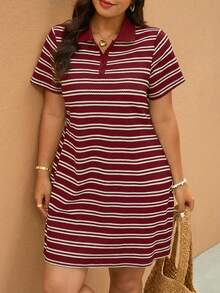 Elaquor 大码女式条纹Polo领短袖休闲连衣裙 - 酒紅色 - 查看 6