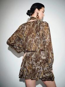 SHEIN Luminelle 复古法式系带A字连衣裙，显瘦 - 棕色 - 查看 2