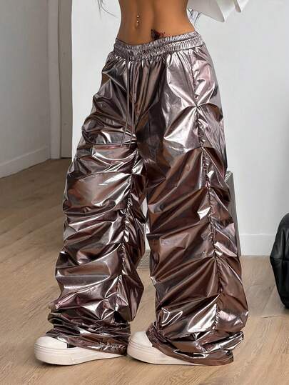 Coolane Y2K银色PU涂层降落伞裤，直筒阔腿裤脚口袋松紧腰长裤