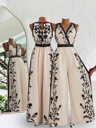 SHEIN Clasi 大码女士优雅无袖V领印花阔腿连体裤