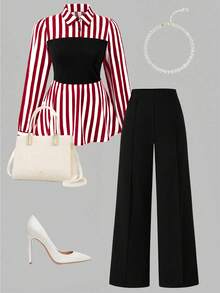 SHEIN Clasi 大码优雅通勤印花长袖衬衫和纯色长裤两件套 - 紅色 - 查看 6