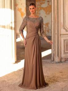 Elegant Luxurious Pearl Beaded, Sequin, Embroidered Mesh & Chiffon A-Line Ruffle Dress, Suitable For Wedding, Party, Holiday, Bridal, Mother Of The Bride, Evening Gown Brown Formal Dress Long Sleeve Formal Dress Elegant Brown Dress Mother Of The Bridal Dress Evening Mother Of Groom Dress Brown Dresses Classy Elegant Brown Wedding Guest Dress Brown Elegant Dress Women Long Sleeve Elegant Dress - Champagne - View 1