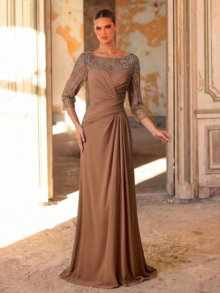 Elegant Luxurious Pearl Beaded, Sequin, Embroidered Mesh & Chiffon A-Line Ruffle Dress, Suitable For Wedding, Party, Holiday, Bridal, Mother Of The Bride, Evening Gown Brown Formal Dress Long Sleeve Formal Dress Elegant Brown Dress Mother Of The Bridal Dress Evening Mother Of Groom Dress Brown Dresses Classy Elegant Brown Wedding Guest Dress Brown Elegant Dress Women Long Sleeve Elegant Dress - Champagne - View 1