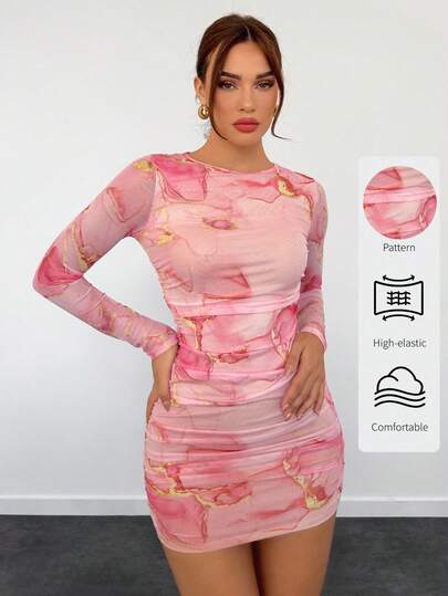 Aloruh Women's New Romantic Date Night Ombre Print Mesh Bodycon Long Sleeve Mini Dress, Autumn/Winter,Pastel Dresses For Women