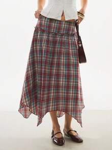 Poéselle Falda A-Line a cuadros con bajo asimétrico, estilo universitario - Multicolor - Ver 6
