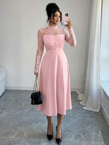 Modelyn 女士优雅法式蕾丝拼接设计中长款派对连衣裙 - 粉色 - 查看 4