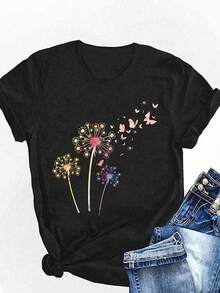 EMERY ROSE Women's Casual Crew Neck T-Shirt, Spring And Summer Dandelion And Butterfly Printed T-Shirt, Women's Patterned Top, Soft And Comfortable - Black - View 1