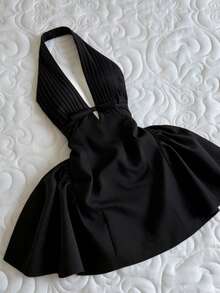 Elamini Vestido de linterna con pliegues, decoración de lazo y escote en V profundo, estilo retro dulce y picante para mujer - Negro - Ver 1