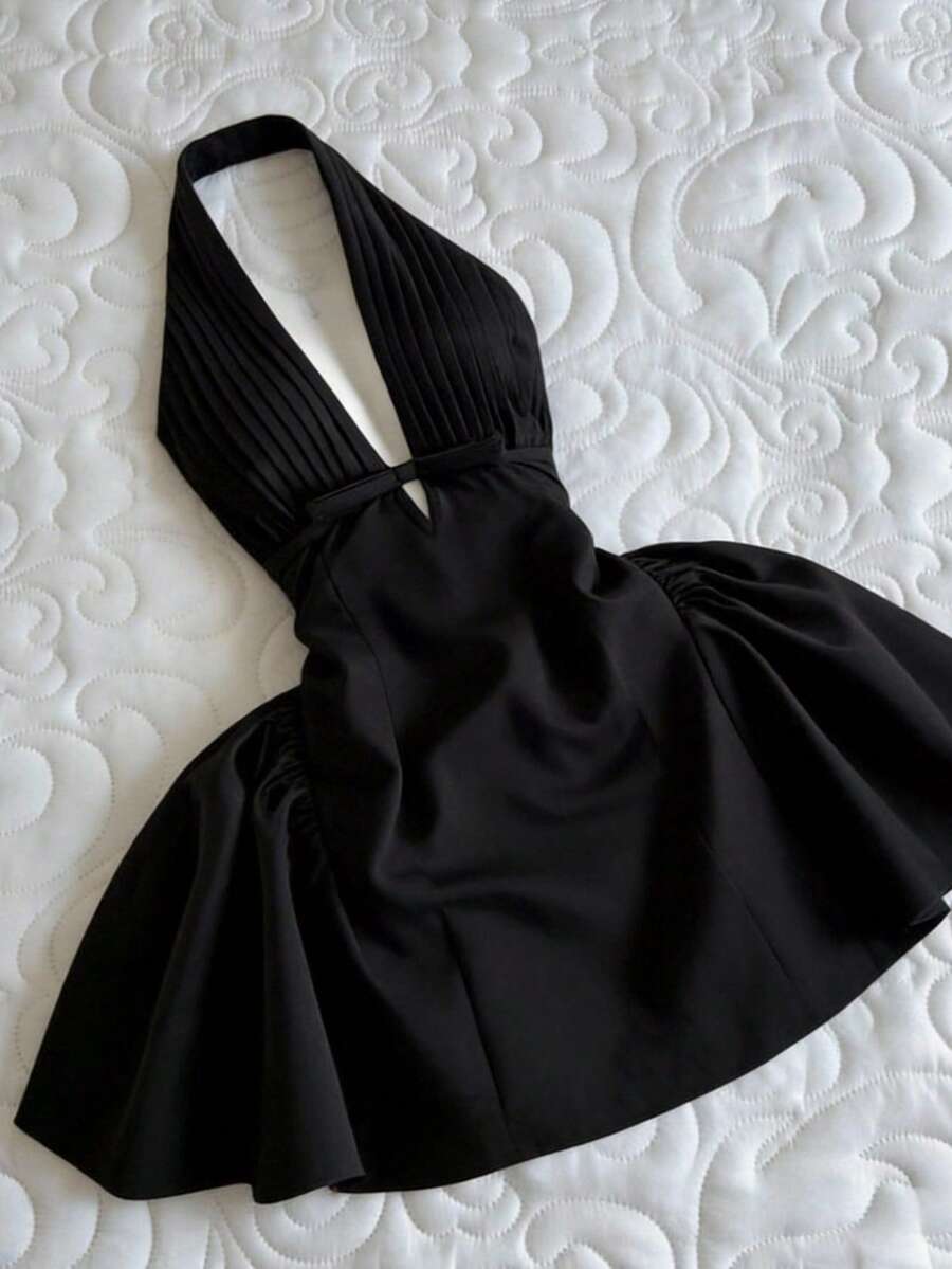 Elamini Vestido de linterna con pliegues, decoración de lazo y escote en V profundo, estilo retro dulce y picante para mujer - Negro - Ver 1