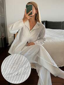 DAZY Lace Patchwork Silver Collar Loose Cardigan Long Sleeve Top & Straight Leg Long Pants Women Pajama Set - White - View 3