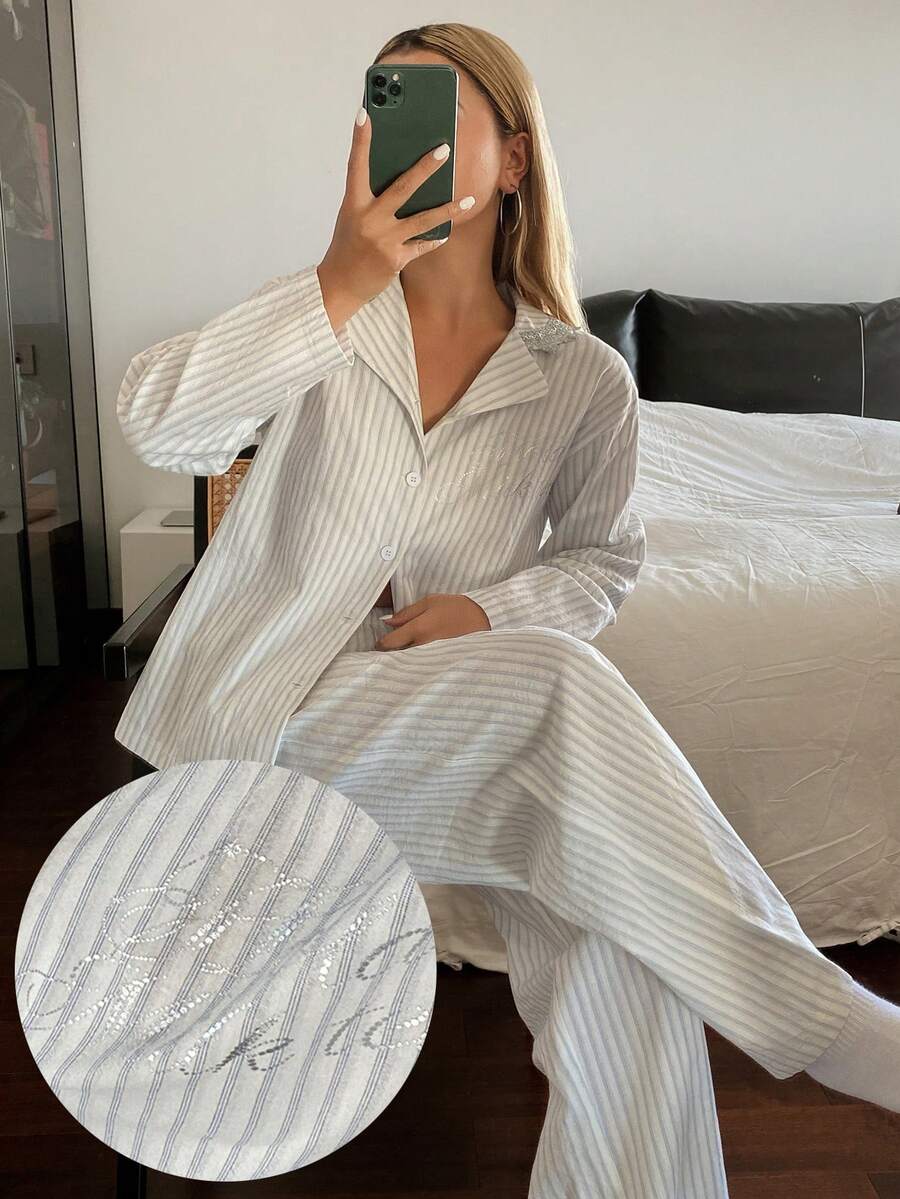 DAZY 蕾丝拼接银领宽松开衫长袖上衣和直筒长裤女士睡衣套装 - 白色 - 查看 1