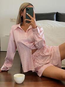 DAZY 优雅格子缎面衬衫上衣和短裤女士睡衣套装 - 粉色 - 查看 3