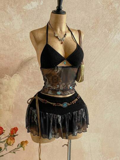 Soleia 女士撞色露背系带上衣和迷你裙套装，时尚度假装