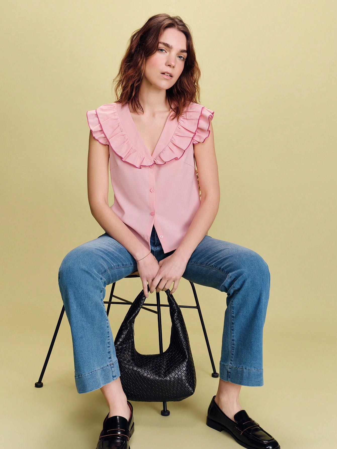 Pink Top With Ruffles And Fuchsia Piping, Cute Style Spring Summer French Style Parisian Style Elegant Top Going Out Top