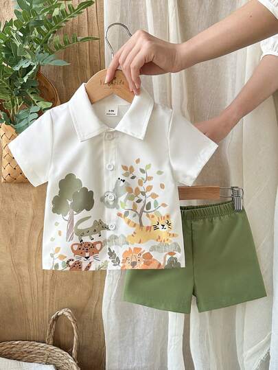 Vintaside Kids 2pcs/Set Baby Boy Collared Cotton Linen Printed Short Sleeve Shirt And Elastic Waist Shorts Set, Suitable For Summer, Commute, School, Casual, Vacation, 6M-3T, Children Clothing, Infant Clothing, Toddler T-Shirt, Toddler Shorts