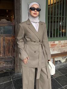 DAZY Spring & Summer Casual Vacation Style Fashion Loose Belted Waist Tie Loose Pants Women 2-Piece Set - Khaki - View 6