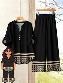 Rusticease 休闲简约度假风格复古几何印花上衣和裤子套装，大码女装，适合秋季和初秋假期，女式秋季衬衫和裤子套装女式两件套裤套装夏季套装两件套女式两件套女式套装休闲 - 彩色 - 查看 1