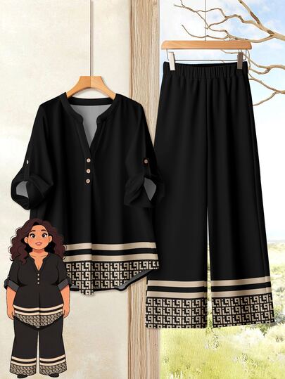 Rusticease 休闲简约度假风格复古几何印花上衣和裤子套装，大码女装，适合秋季和初秋假期，女式秋季衬衫和裤子套装女式两件套裤套装夏季套装两件套女式两件套女式套装休闲