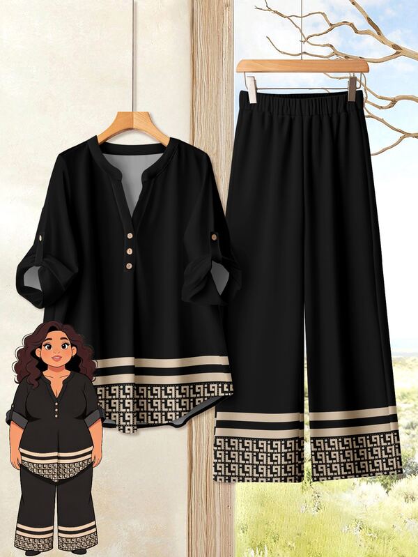 Rusticease 休闲简约度假风格复古几何印花上衣和裤子套装，大码女装，适合秋季和初秋假期，女式秋季衬衫和裤子套装女式两件套裤套装夏季套装两件套女式两件套女式套装休闲