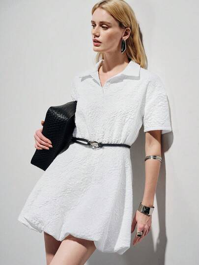 Aveloria Modichic Textured Jacquard Vintage Rose Floral Craftsmanship, Pure White Tone, Minimalist Elegant Style, Collared Design, Short Sleeve Element, 3D Textured Feature, High-Waisted Silhouette, Soft & Crisp Fabric. Suitable For Fashionable Commute, Spring/Summer Casual, Afternoon Tea, Date, Business Casual, Campus Style, Vacation, Art Exhibition, French Minimalist Sweet Academic Leisure Half-Open Collar Waist-Cinched Puff Skirt Rose Jacquard Short Sleeve Dress