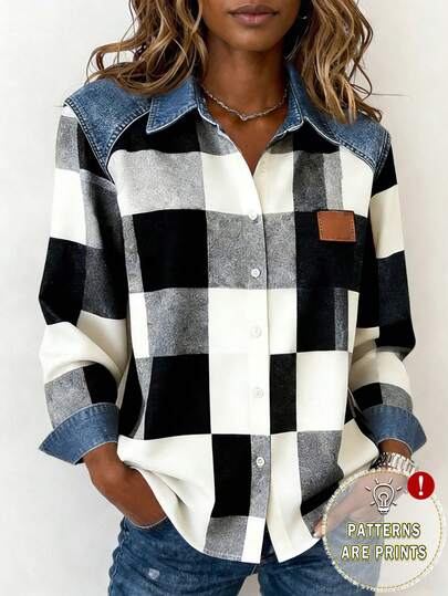 EMERY ROSE Women's Denim Effect Plaid Print Shirt