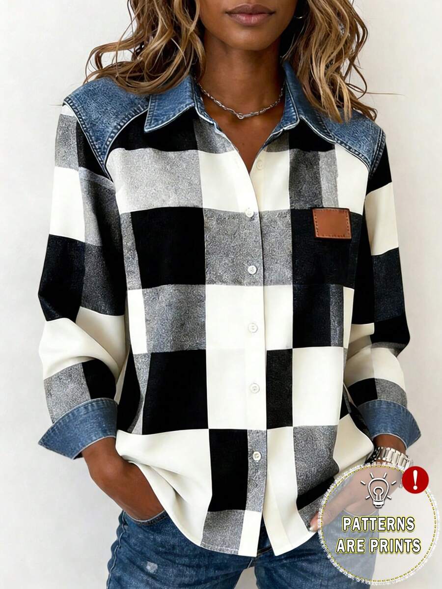 EMERY ROSE Áo sơ mi nữ in họa tiết kẻ caro hiệu ứng denim - Nhiều màu - Xem 1