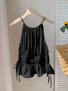 Comfortcana Camiseta sin espalda de color rojo sólido para mujer de talla grande, con lazo lateral, adecuada para usar en la calle y de vacaciones - Negro - Ver 6