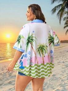 SHEIN CURVE+ Curve 尺码 US22 音乐节、海滨度假、波西米亚风女士假日印花宽松休闲衬衫，夏季沙滩装 - 杏色 - 查看 3