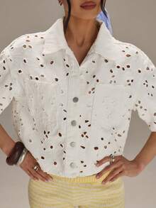 Athîral Women's Hollow Embroidered Short Sleeve Single-Breasted Pocket Denim Blouse - White - View 6