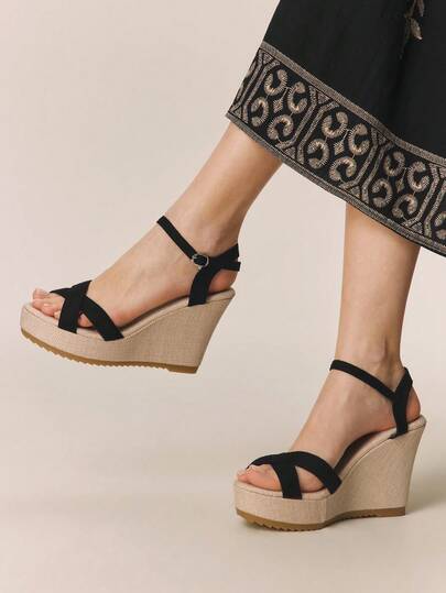 Styleloop Women's Thick Bottom Wedge Sandals, Black Summer Open Toe Straw Woven Shoes, Bohemian Holiday Dress Shoes Roman Beach Sandals, Suitable For Vacation Season, Spring And Summer