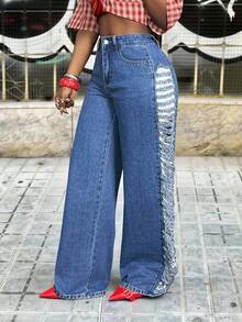 Slaydiva 女士高腰侧边破洞阔腿牛仔裤 - 藍色 - 查看 4