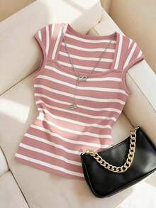 Franclia Camiseta de punto de manga corta a rayas con ajuste minimalista francés, diseño único, versátil, nueva llegada de primavera/verano - Rosa - Ver 1