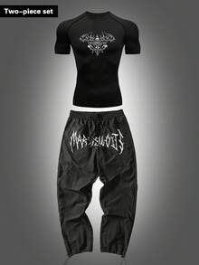 Gym Rark Men Skeleton Print Raglan Short Sleeve T-Shirt And Gothic Letter Print Pants Sports Suit - Black - View 1