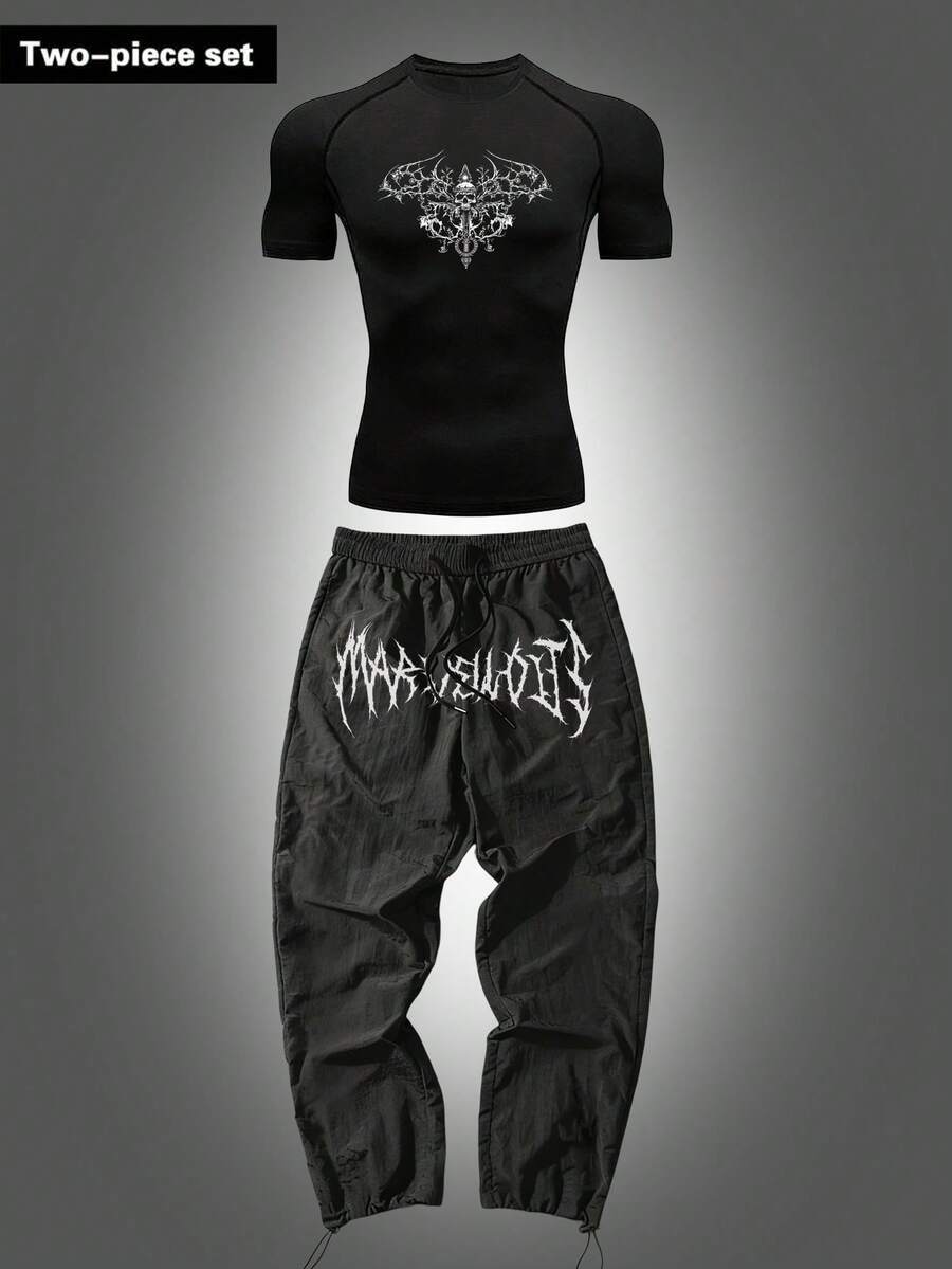 Gym Rark Men Skeleton Print Raglan Short Sleeve T-Shirt And Gothic Letter Print Pants Sports Suit - Black - View 1