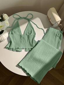 Elamini Solid Color Textured Fabric Pleated Halter Top And Wide Leg Pants Set Green Two Piece Set - Green - View 2