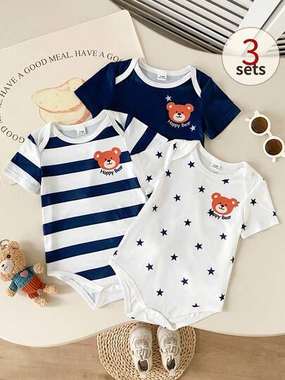 Playful Pals 3pcs Baby Boy Casual Cute Striped, Star, Bear Print Colorblock Sleeveless Romper, Soft & Comfortable, Suitable For Spring/Summer Outings, Home, Daily Wear