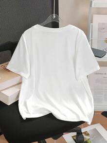 EMERY ROSE Summer Letter Embroidery Casual Plus Size Round Neck Short Sleeve T-Shirt - White - View 2