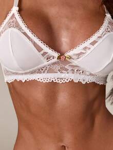 SHEIN BAE 2 件套女士舒适文胸套装，无钢圈，带衬垫，蕾丝边三角罩杯，内衣，可爱 - 白色 - 查看 5