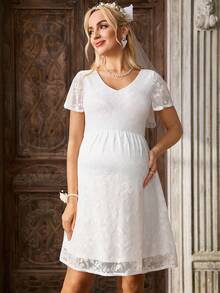 SHEIN Wedding Maternity Clothes Maternity  Dress Summer Pregnant Clothes A White Maternity Dress That Is Comfortable, Soft, And Elegant Pregnant Women Floral Lace V-Neck Short Sleeve Elegant Dress - White - View 8