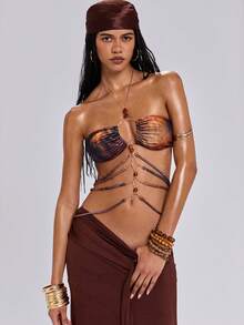 ROMWE Spring/Summer Y2K Babe Animal Print Tie-Dye Chain Decor Halter Top - Multicolor - View 7