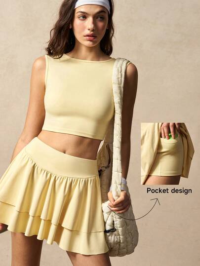 VARSIVA 女士纯色圆领露脐背心和荷叶边下摆短裙运动套装