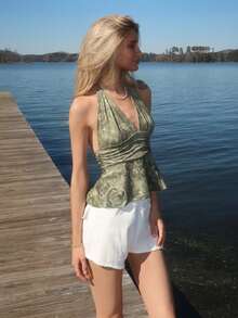 Sydney Algeri 女式花卉印花露背深 V 领收腰 A 字形露背吊带背心 - 軍綠色 - 查看 4