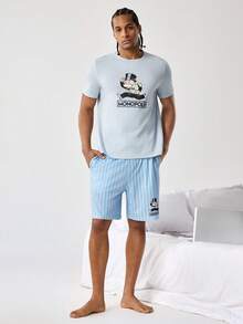 MONOPOLY X SHEIN Men's Round Neck Letter & Cartoon Print Short Sleeve Top And Shorts Casual Loungewear Set - Baby Blue - View 7