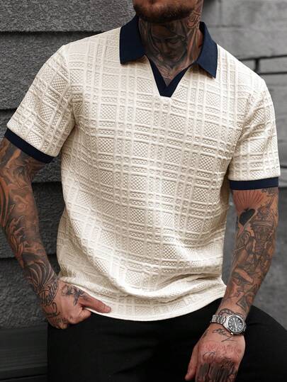 Manfinity CasualCool Men's Casual Textured Trim Short Sleeve Polo Shirt, Summer