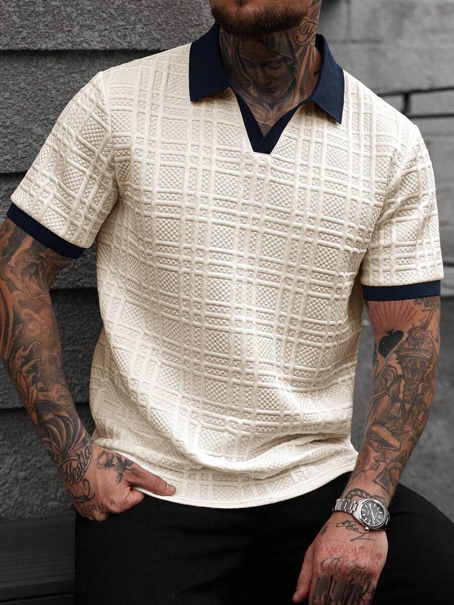 Manfinity CasualCool Men's Casual Textured Trim Short Sleeve Polo Shirt, Summer - Khaki - View 1