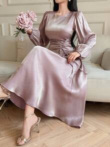 DAZY Women's Elegant Commuter Solid Color Lantern Sleeve Dress Sundress Summer - Yellow - View 1