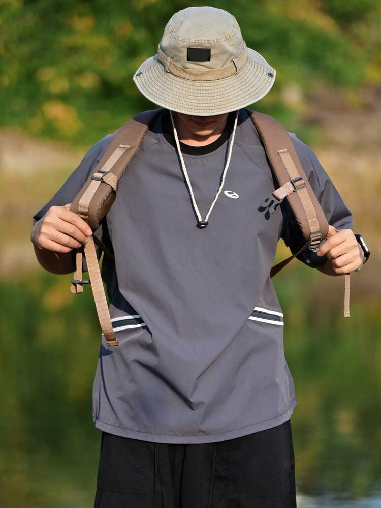 Men's Grey Letter Print Short Sleeve Outdoor T-Shirt, Summer